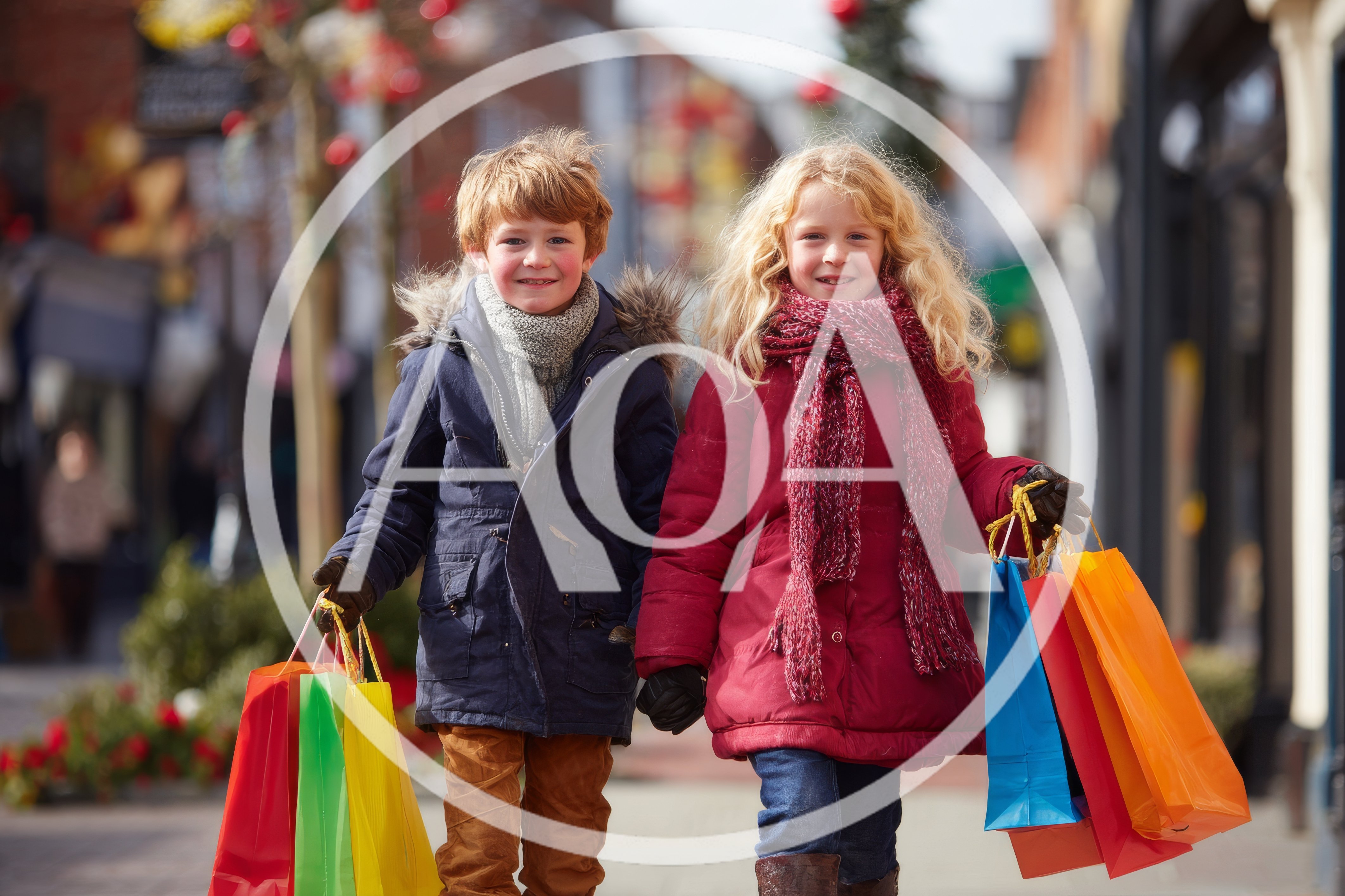 Young Children Carrying Colorful Shopping Bags Outdoors