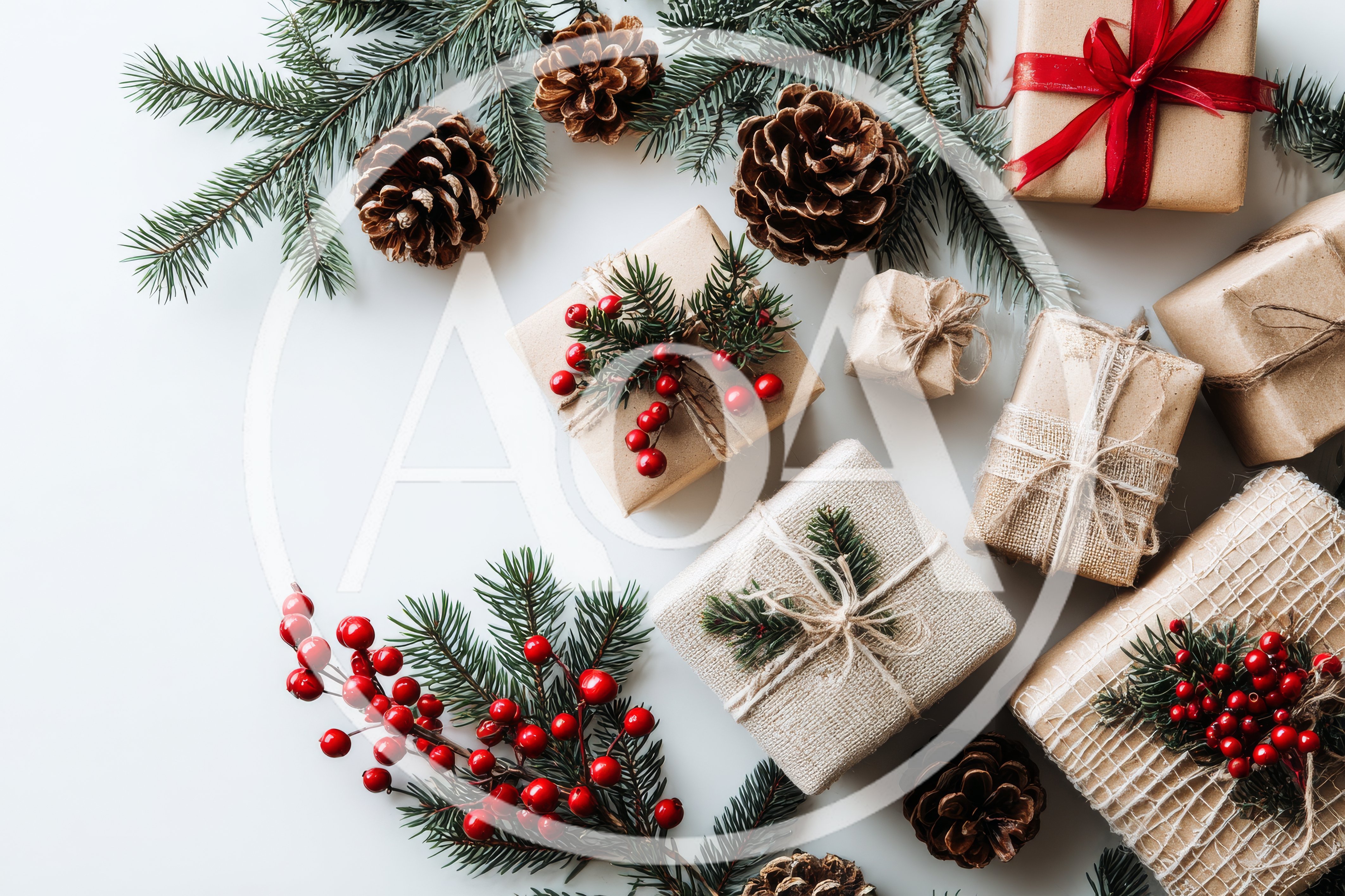 Christmas Gift Boxes With Pine Cones And Berries