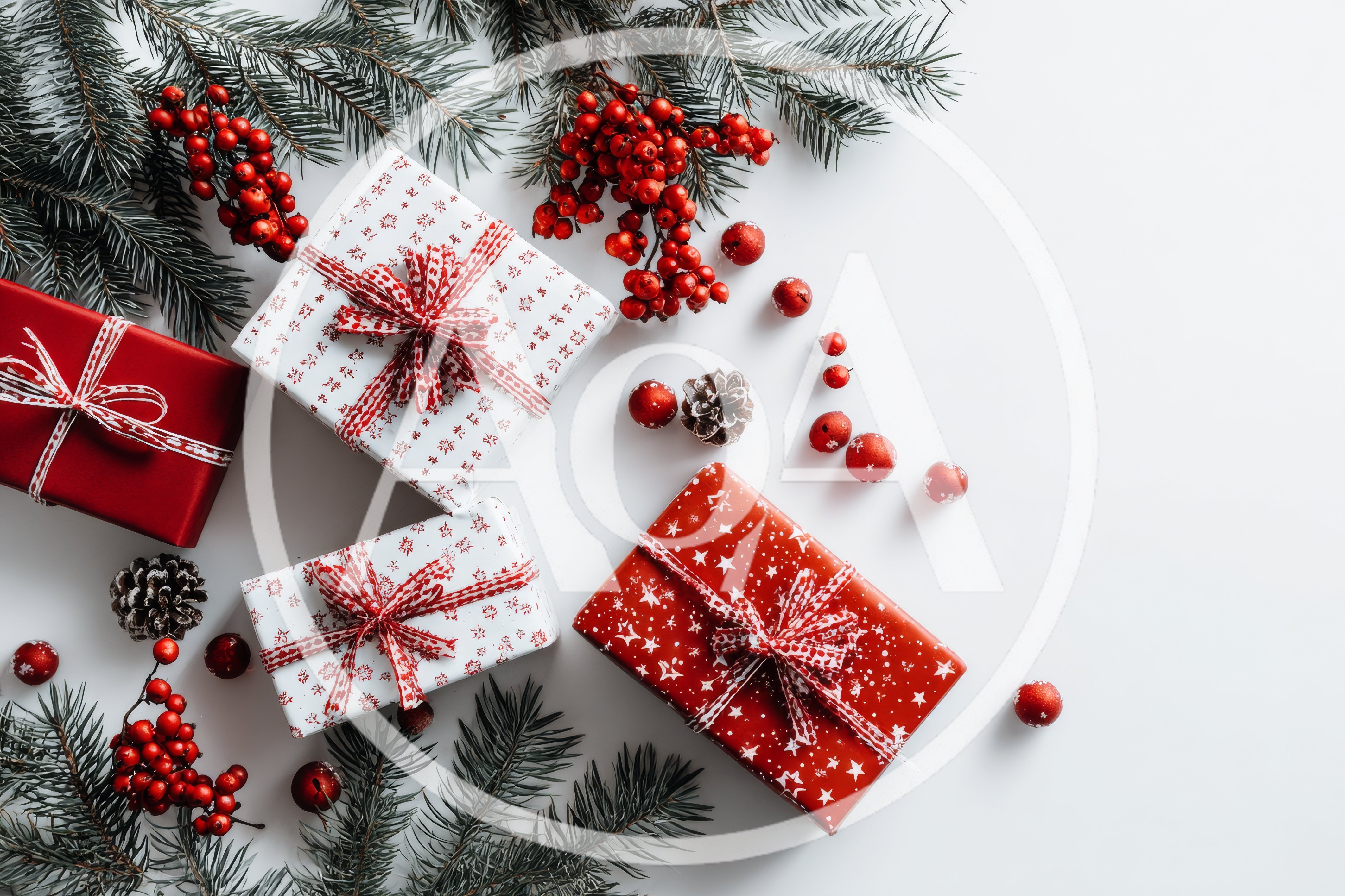 Christmas Gift Boxes With Pine Branches And Berries