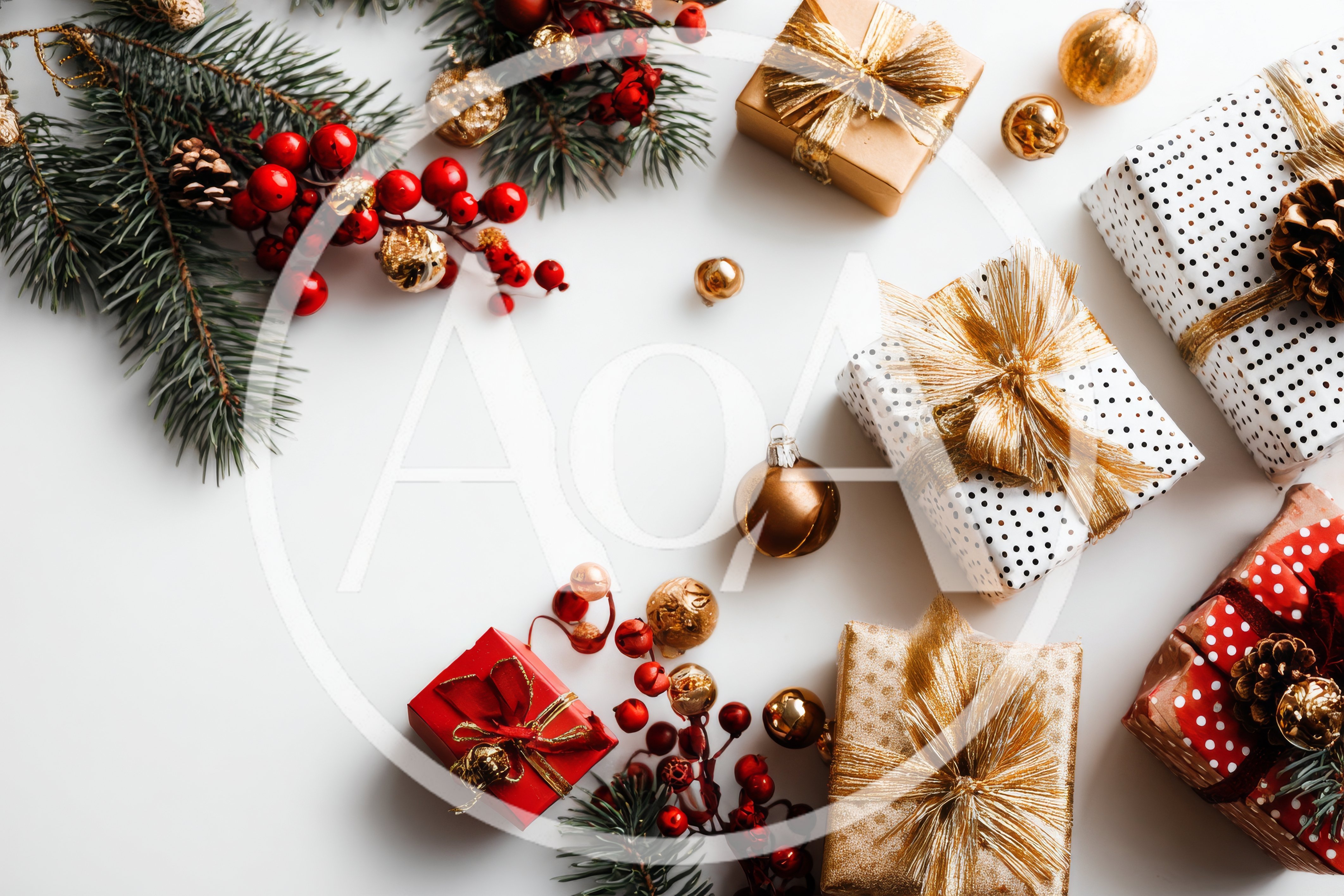 Christmas Gift Boxes and Holiday Decorations on White Background