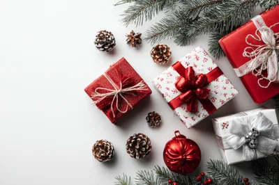 Christmas Gift Boxes With Pine Cones And Ornaments