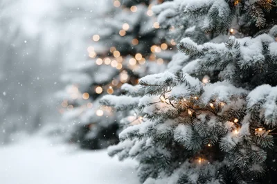 Snow Covered Pine Tree With Christmas Lights