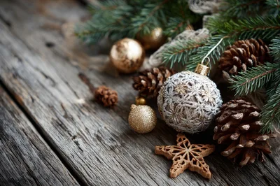Christmas Ornaments And Pine Cones On Rustic Wood