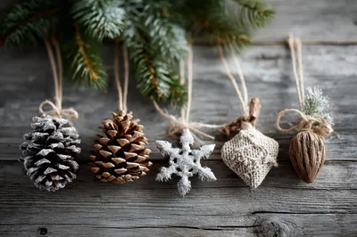 Rustic Christmas Ornaments Hanging Against Wooden Background