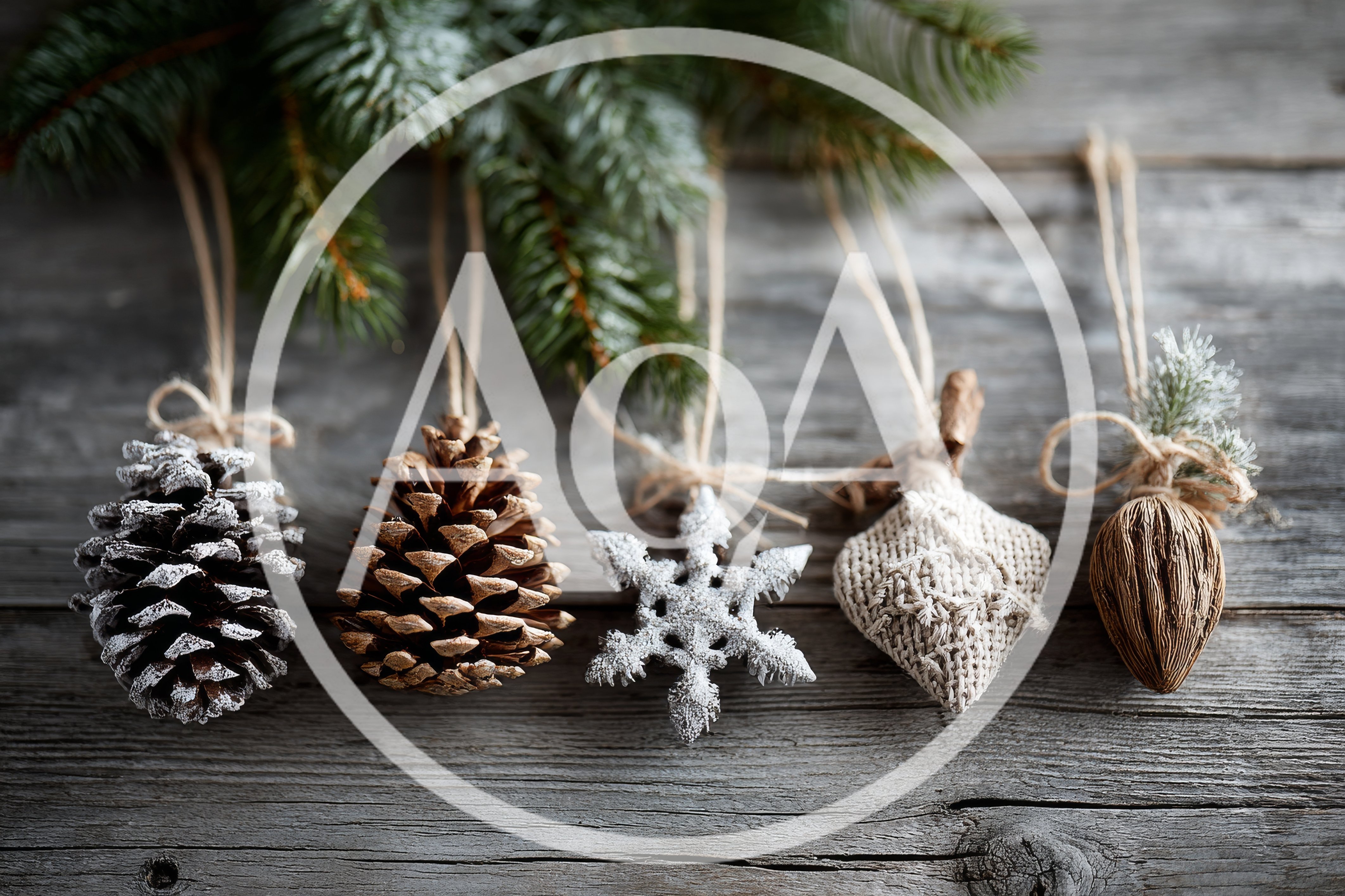 Rustic Christmas Ornaments Hanging Against Wooden Background