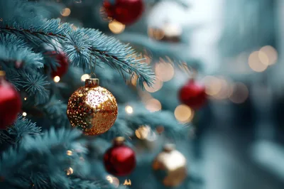 Golden Christmas Ornament Hanging on Blue Pine Tree