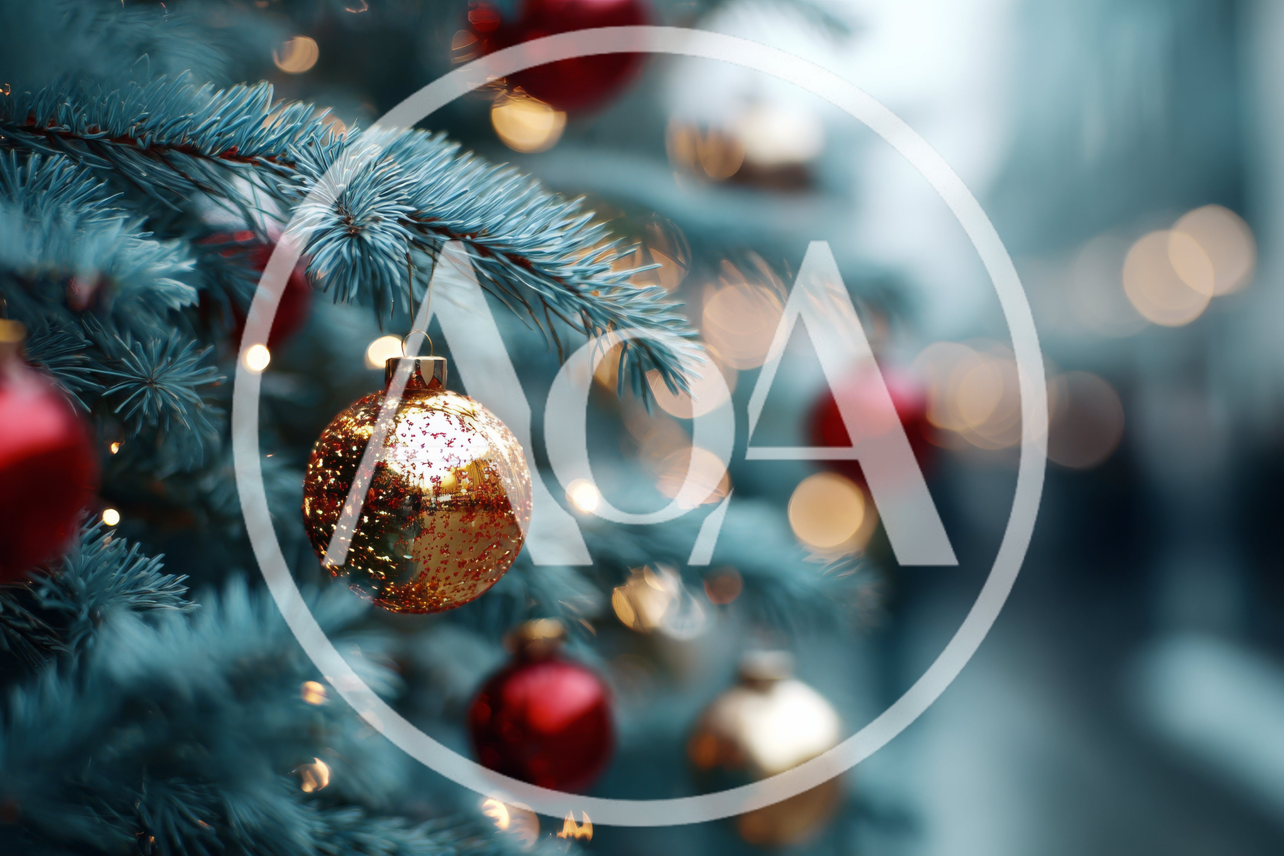 Golden Christmas Ornament Hanging on Blue Pine Tree
