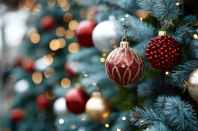Christmas Tree Decorated With Red And Gold Ornaments