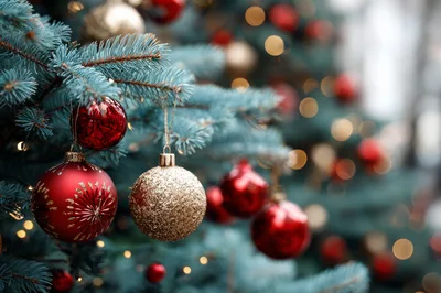 Christmas Tree Decorated With Red And Gold Ornaments