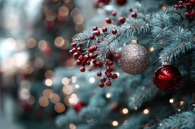 Christmas Tree Decorated With Ornaments And Red Berries