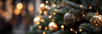 Black and Gold Christmas Ornaments on Pine Tree