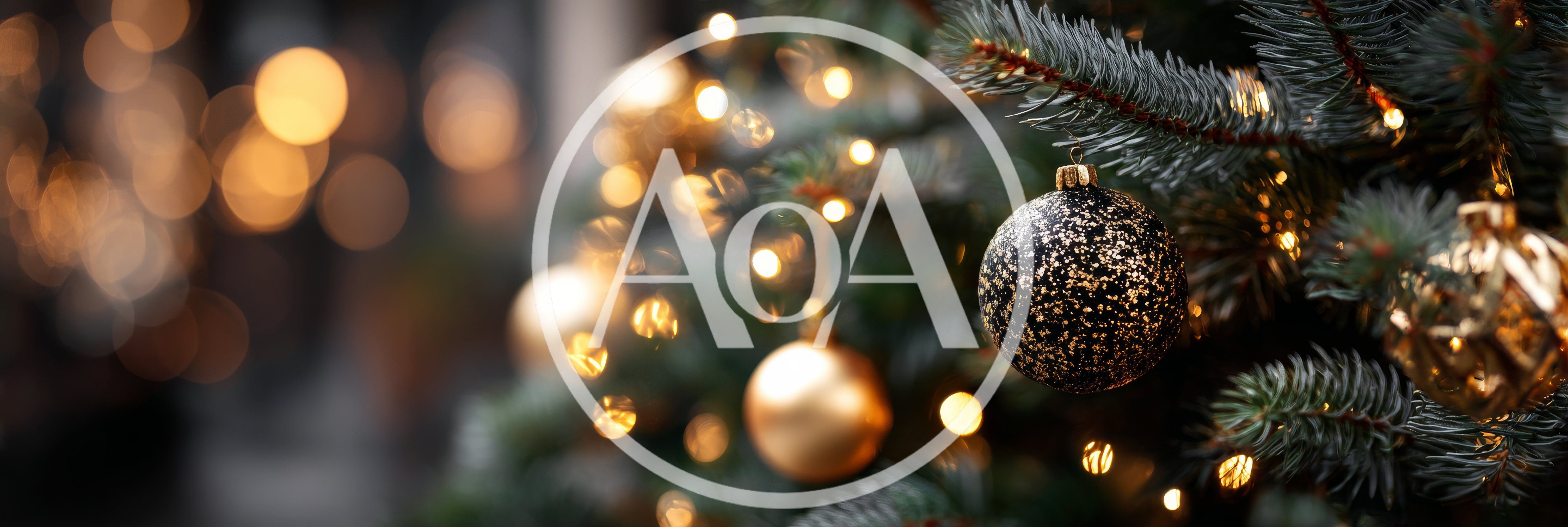 Black and Gold Christmas Ornaments on Pine Tree