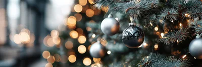 Silver Christmas Ornaments Hanging on Pine Tree