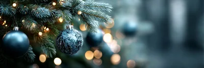 Blue Christmas Ornaments Hanging on Pine Tree