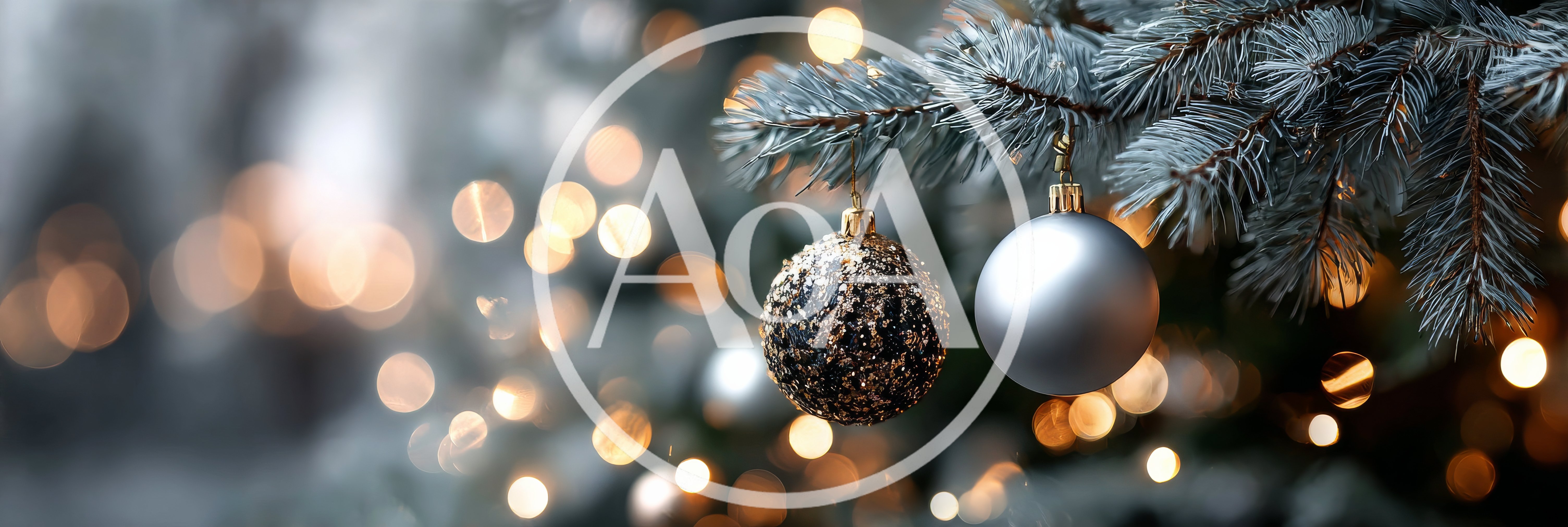 Christmas Ornaments Hanging on Snowy Pine Tree