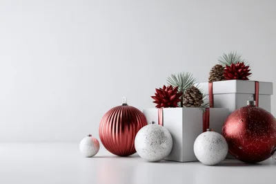 Christmas Gift Boxes and Ornaments on White Background