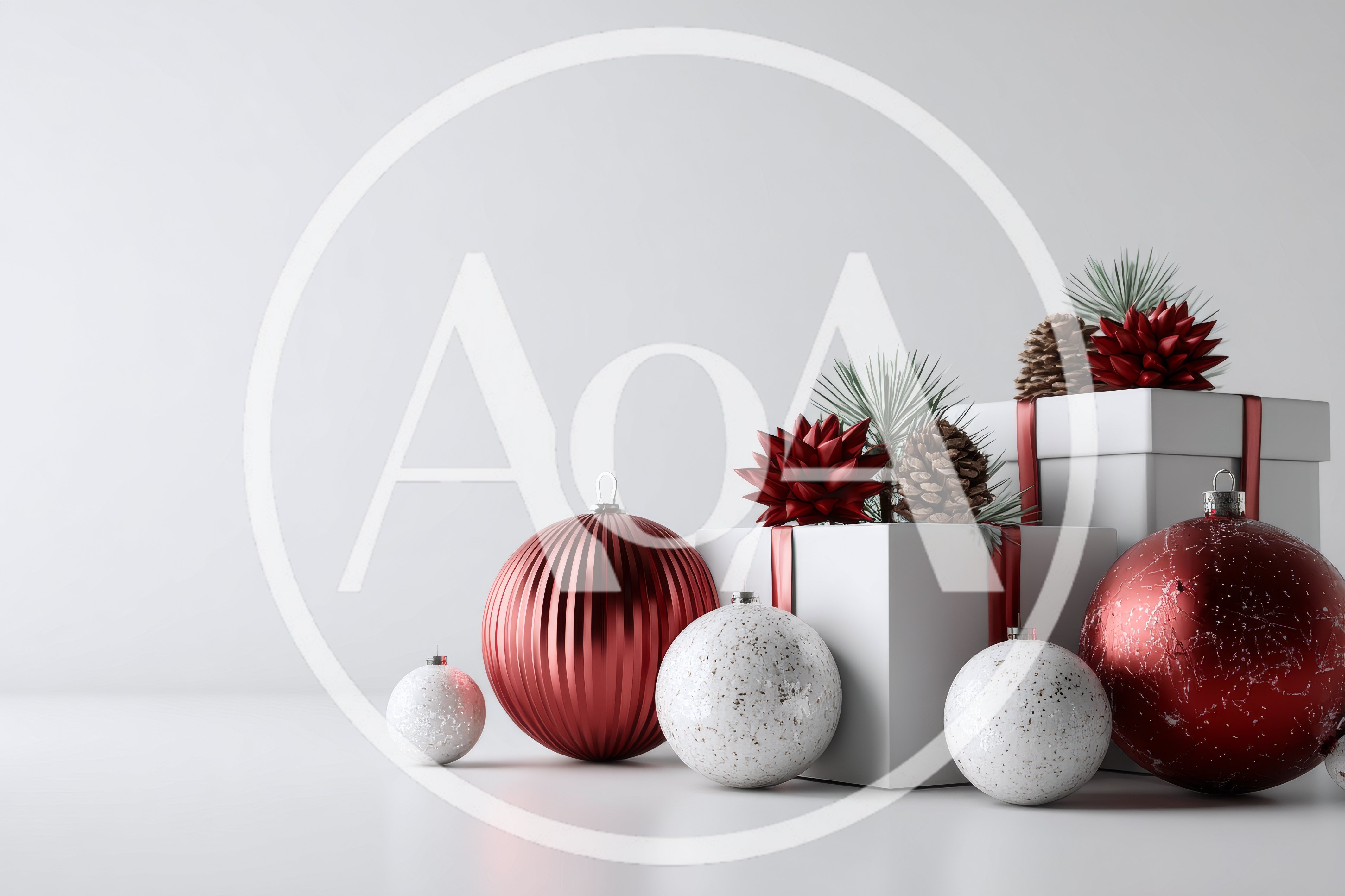 Christmas Gift Boxes and Ornaments on White Background