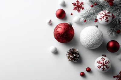 Christmas Ornaments and Pine Branches on White Background