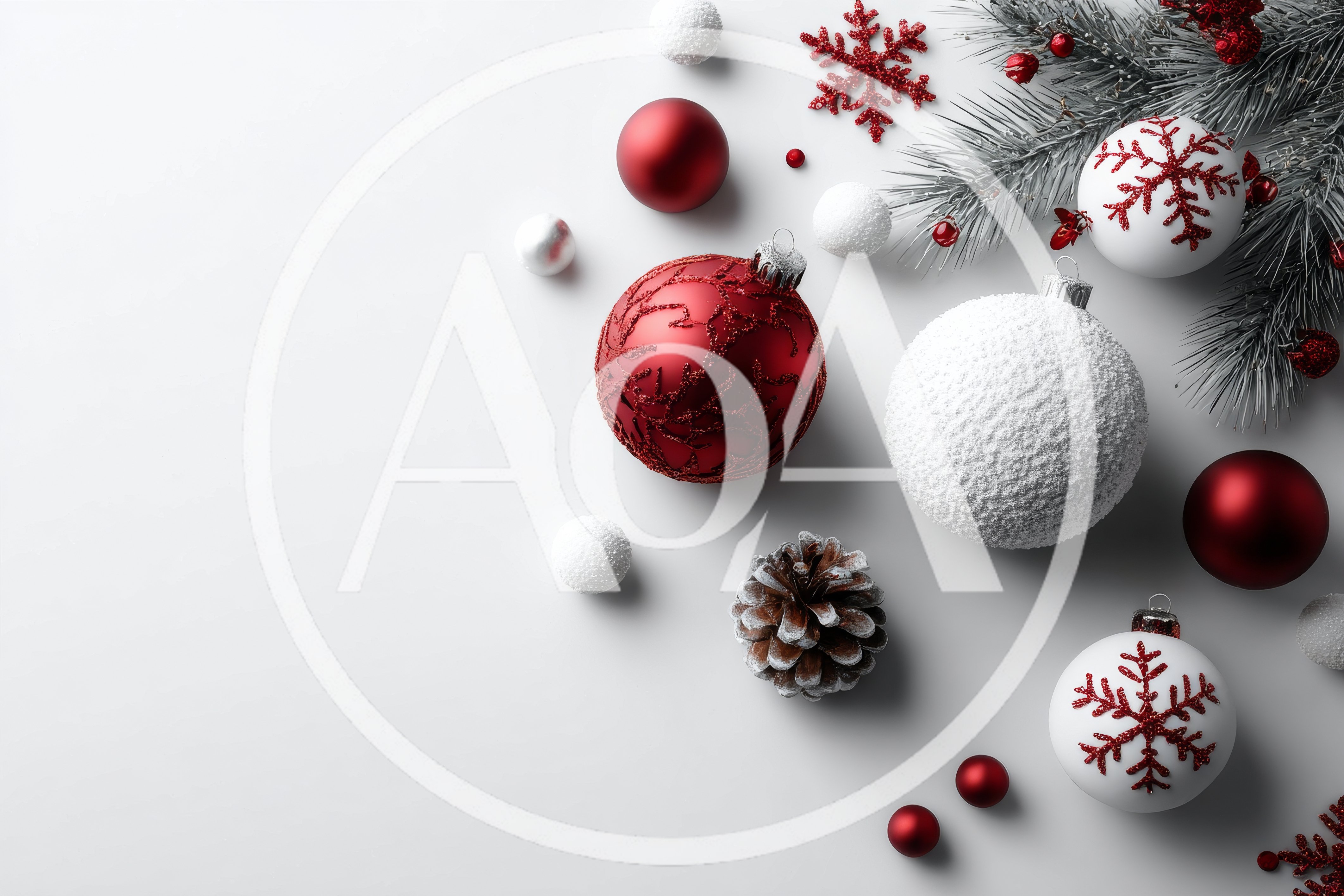 Christmas Ornaments and Pine Branches on White Background
