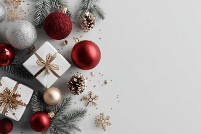 Christmas Holiday Flat Lay With Ornaments And Gifts