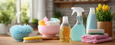 Cleaning Supplies Arranged On A Kitchen Counter