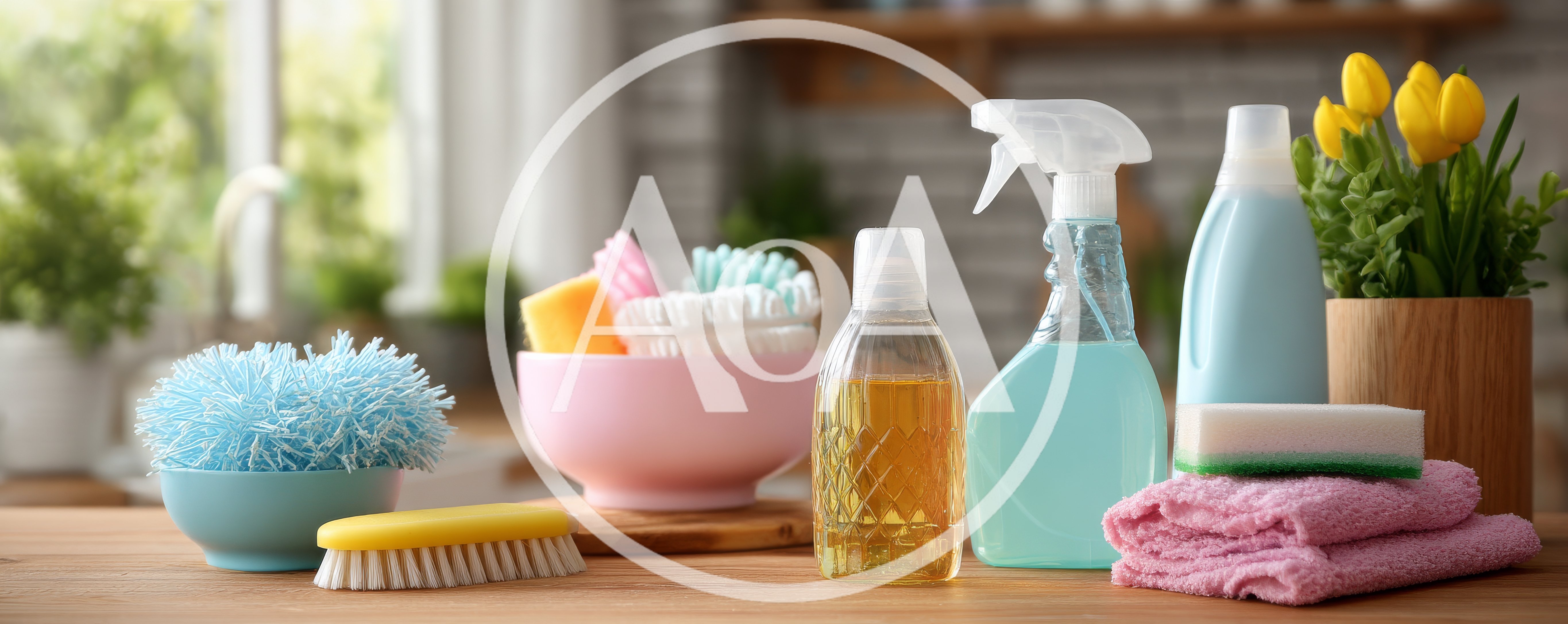 Cleaning Supplies Arranged On A Kitchen Counter