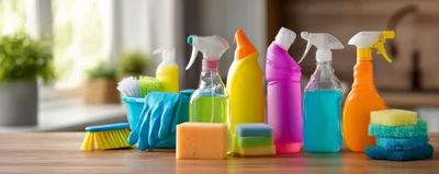 Cleaning Supplies Arranged On A Wooden Table