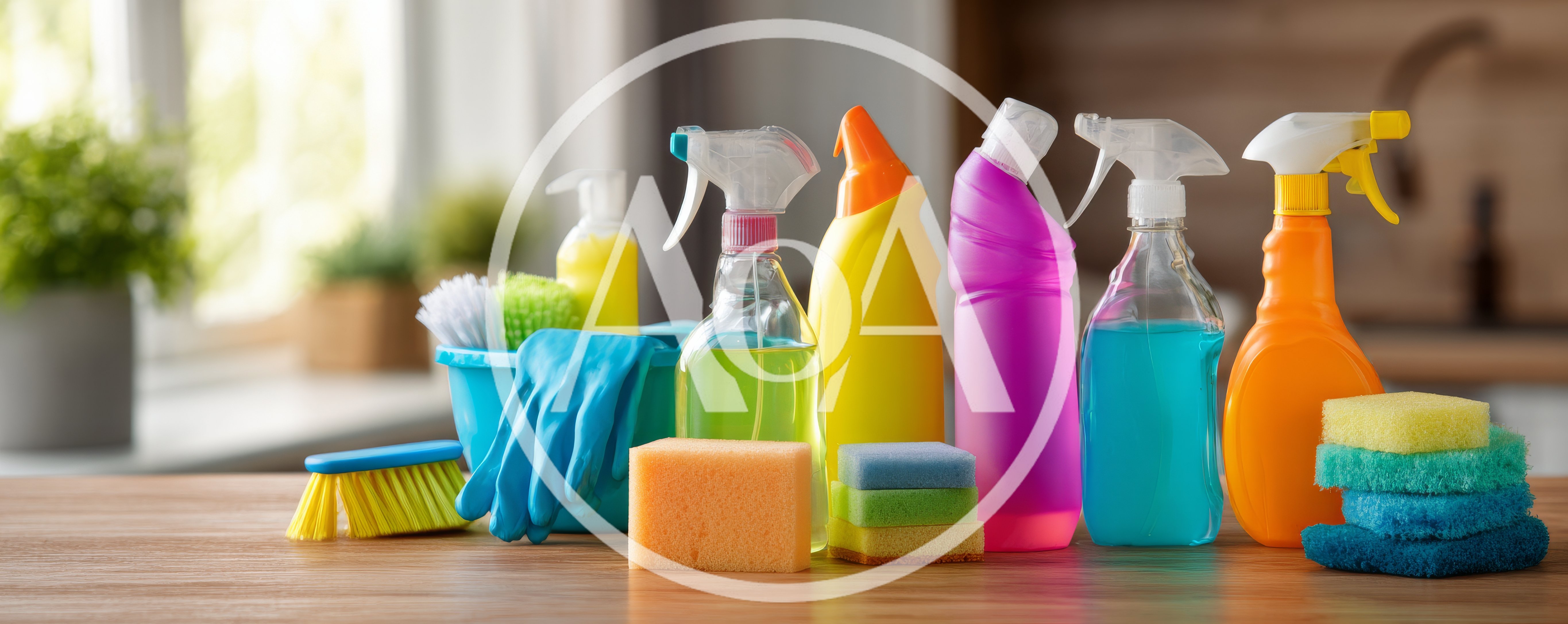 Cleaning Supplies Arranged On A Wooden Table