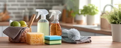 Cleaning Supplies and Fresh Limes on Kitchen Counter