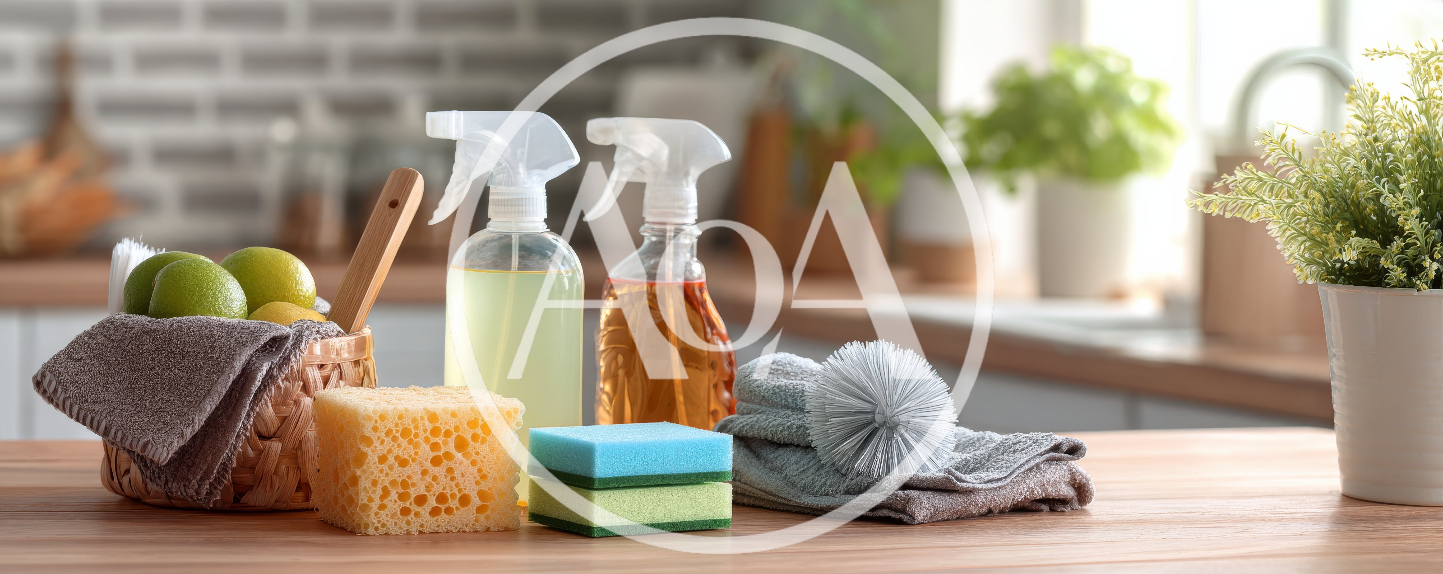 Cleaning Supplies and Fresh Limes on Kitchen Counter