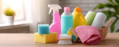 Cleaning Supplies And Sponges On A Wooden Table