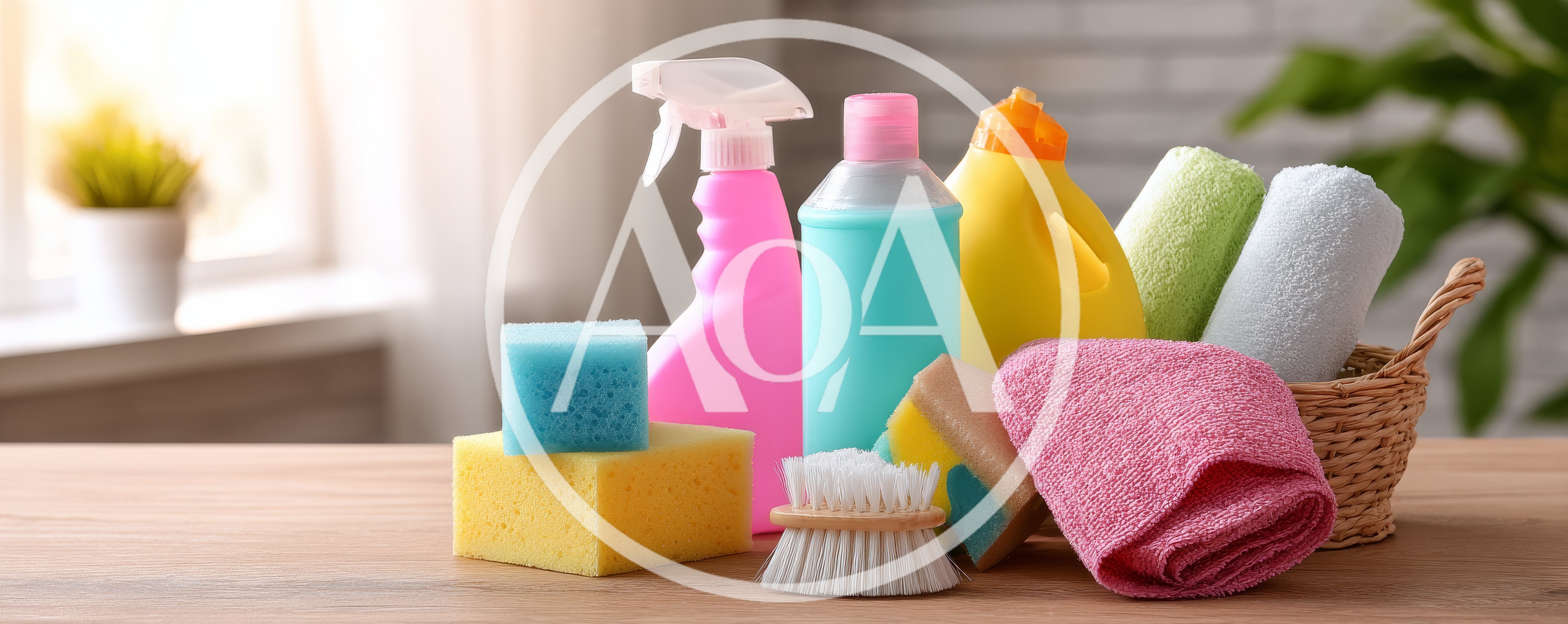 Cleaning Supplies And Sponges On A Wooden Table