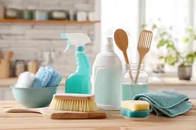 Cleaning Supplies Arranged on a Wooden Kitchen Table
