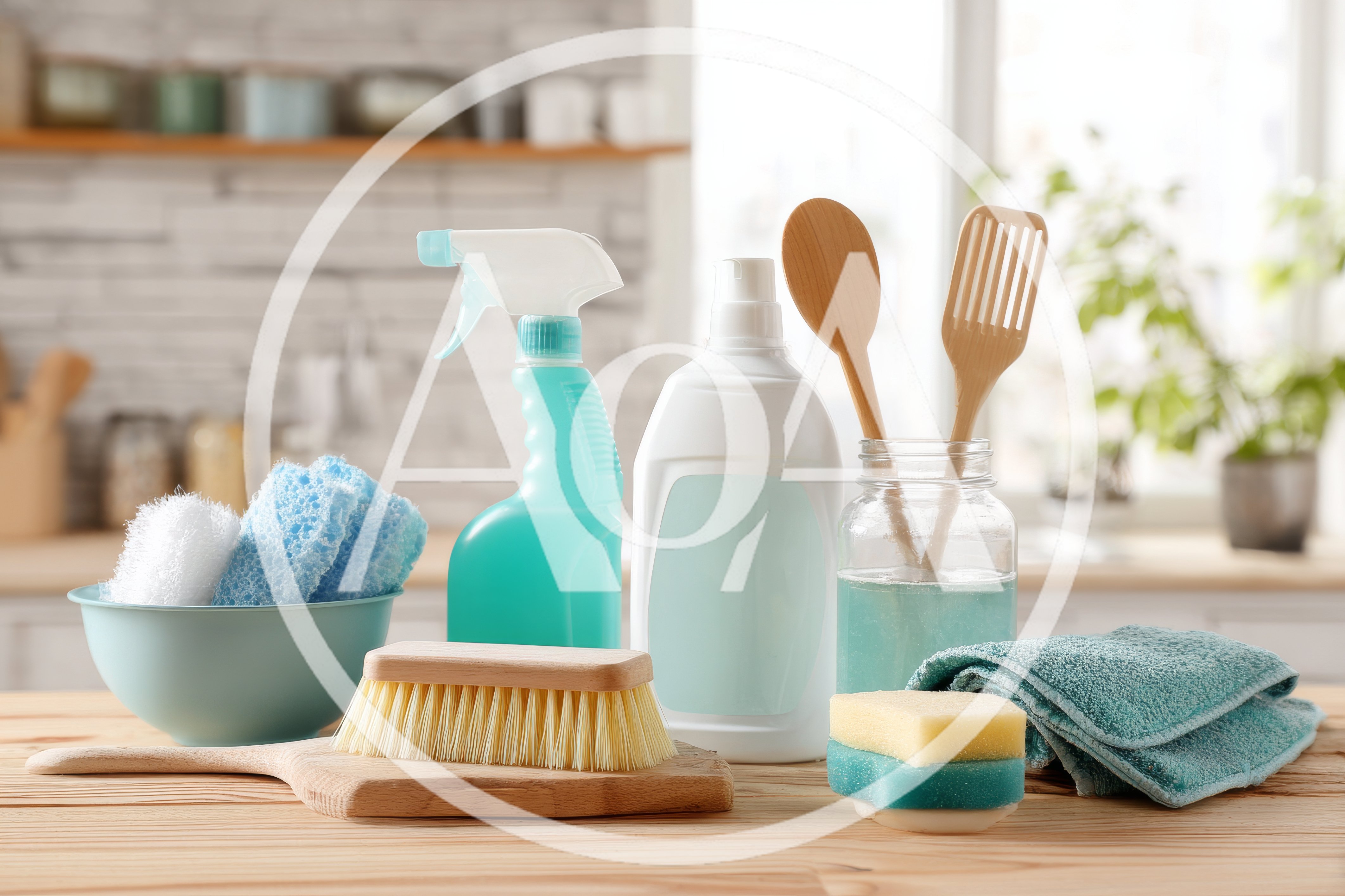 Cleaning Supplies Arranged on a Wooden Kitchen Table
