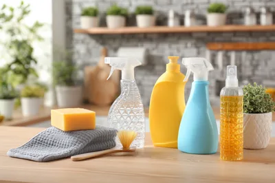 Cleaning Supplies Arranged On A Wooden Kitchen Counter