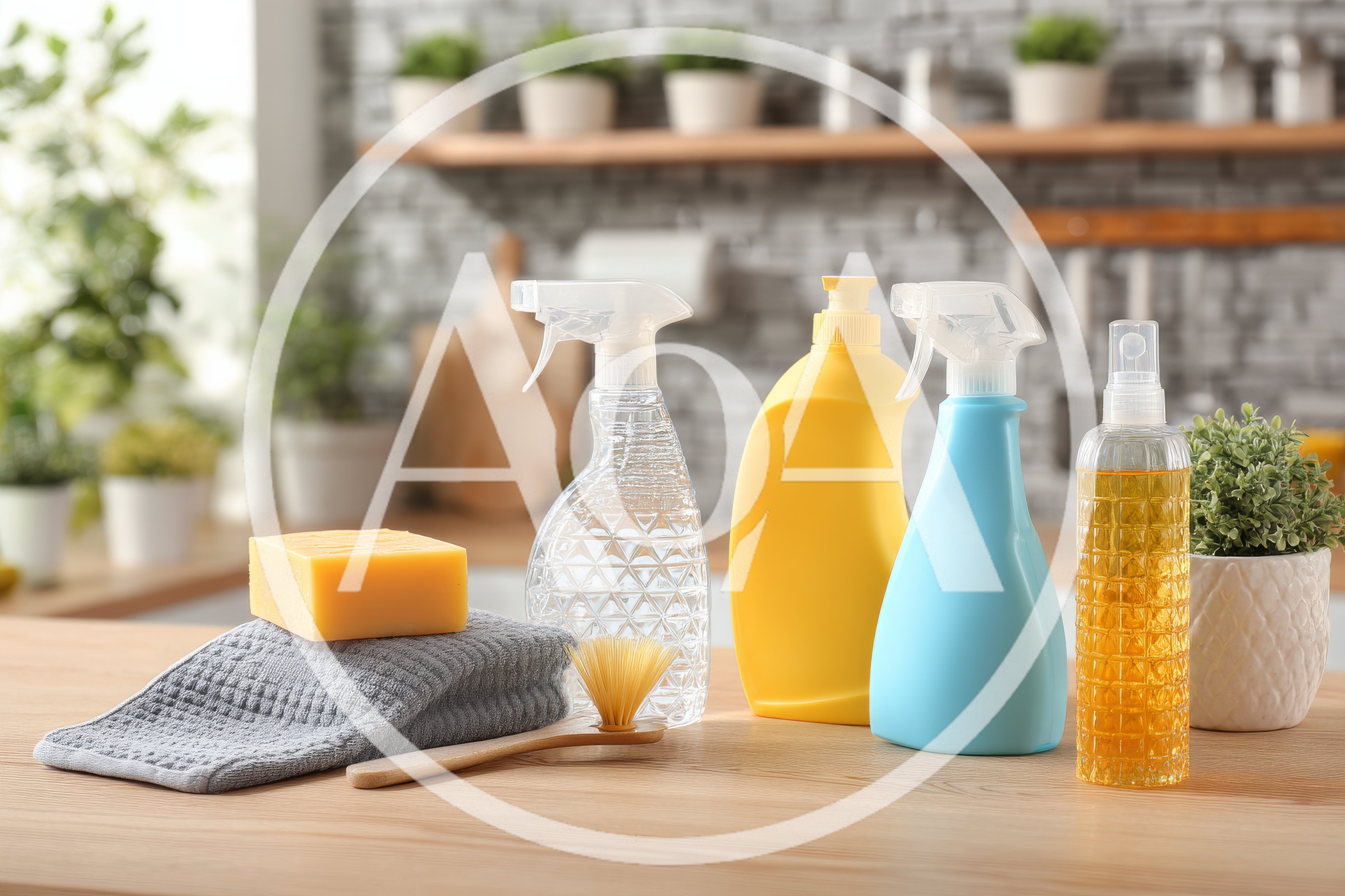 Cleaning Supplies Arranged On A Wooden Kitchen Counter