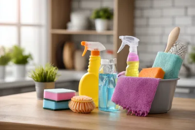 Cleaning Supplies and Tools on a Kitchen Counter
