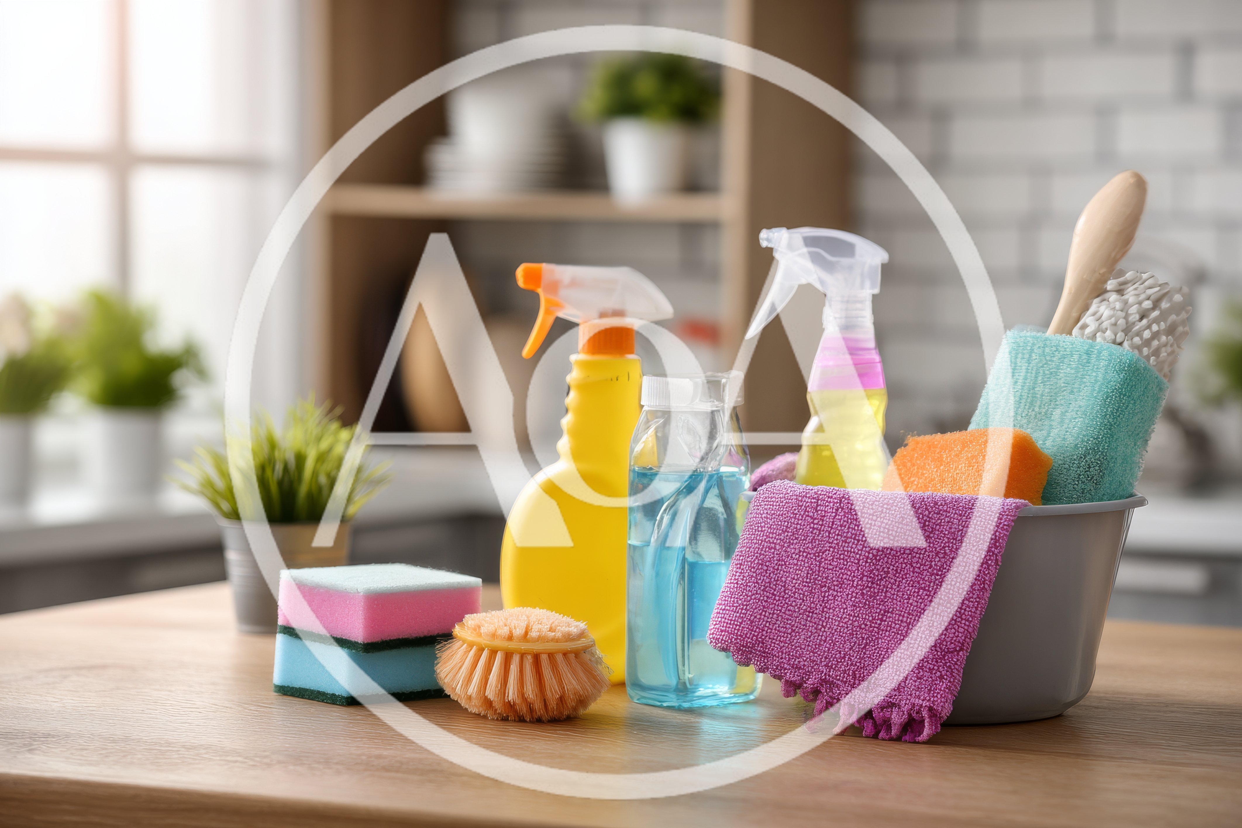 Cleaning Supplies and Tools on a Kitchen Counter