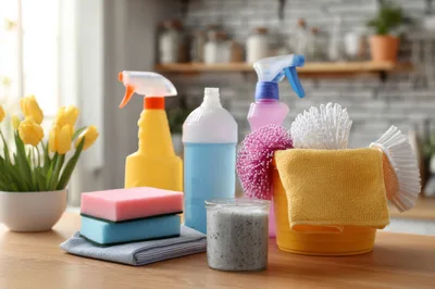Cleaning Supplies and Yellow Tulips on Kitchen Counter