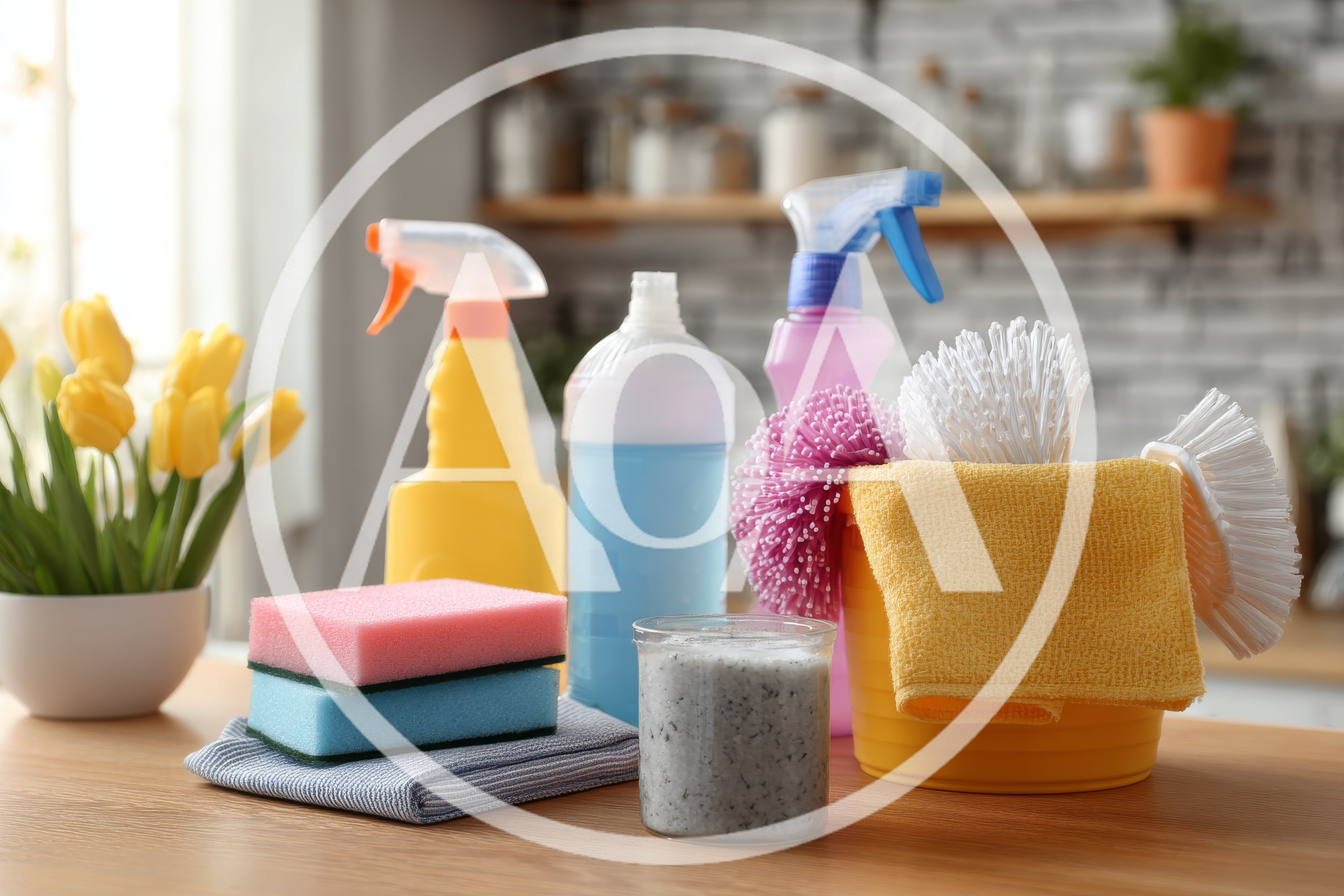 Cleaning Supplies and Yellow Tulips on Kitchen Counter