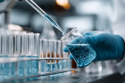 Scientist Adding Blue Liquid To Beaker In Laboratory