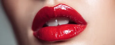 Close Up Of Woman Wearing Glossy Red Lipstick