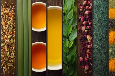 Vertical Collage Of Various Natural Tea Ingredients