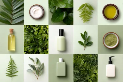 Natural Skincare Products and Botanical Ingredients Grid