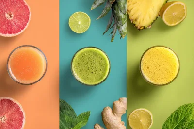 Three Glasses Of Fresh Fruit And Vegetable Juice