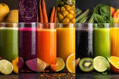 Assorted Fresh Fruit and Vegetable Juices in Glasses