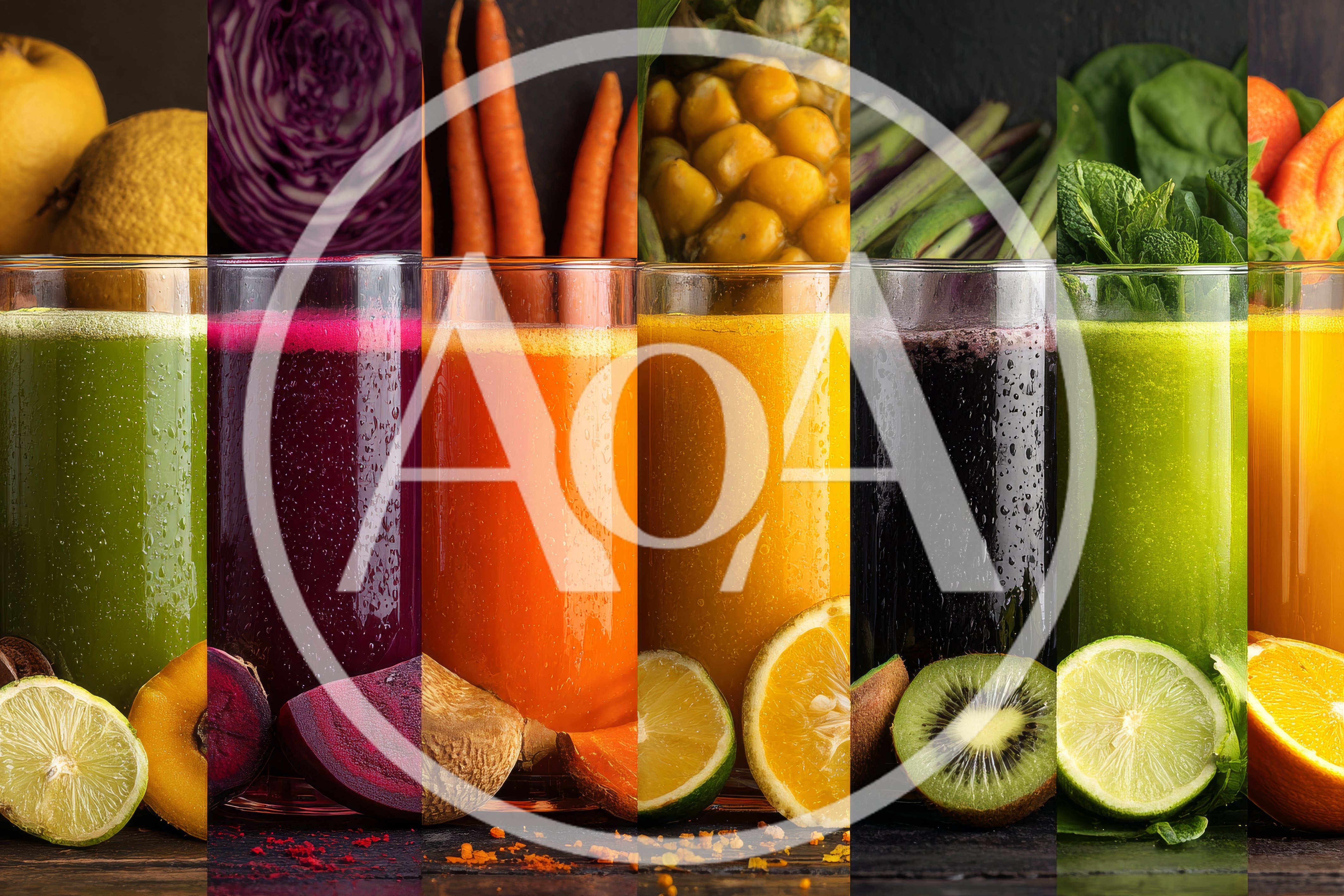 Assorted Fresh Fruit and Vegetable Juices in Glasses