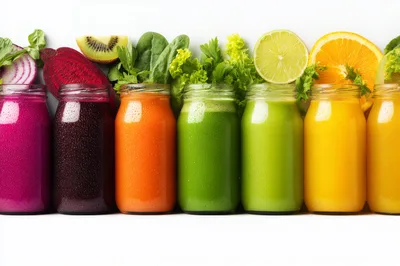 Row Of Colorful Fresh Vegetable And Fruit Juices