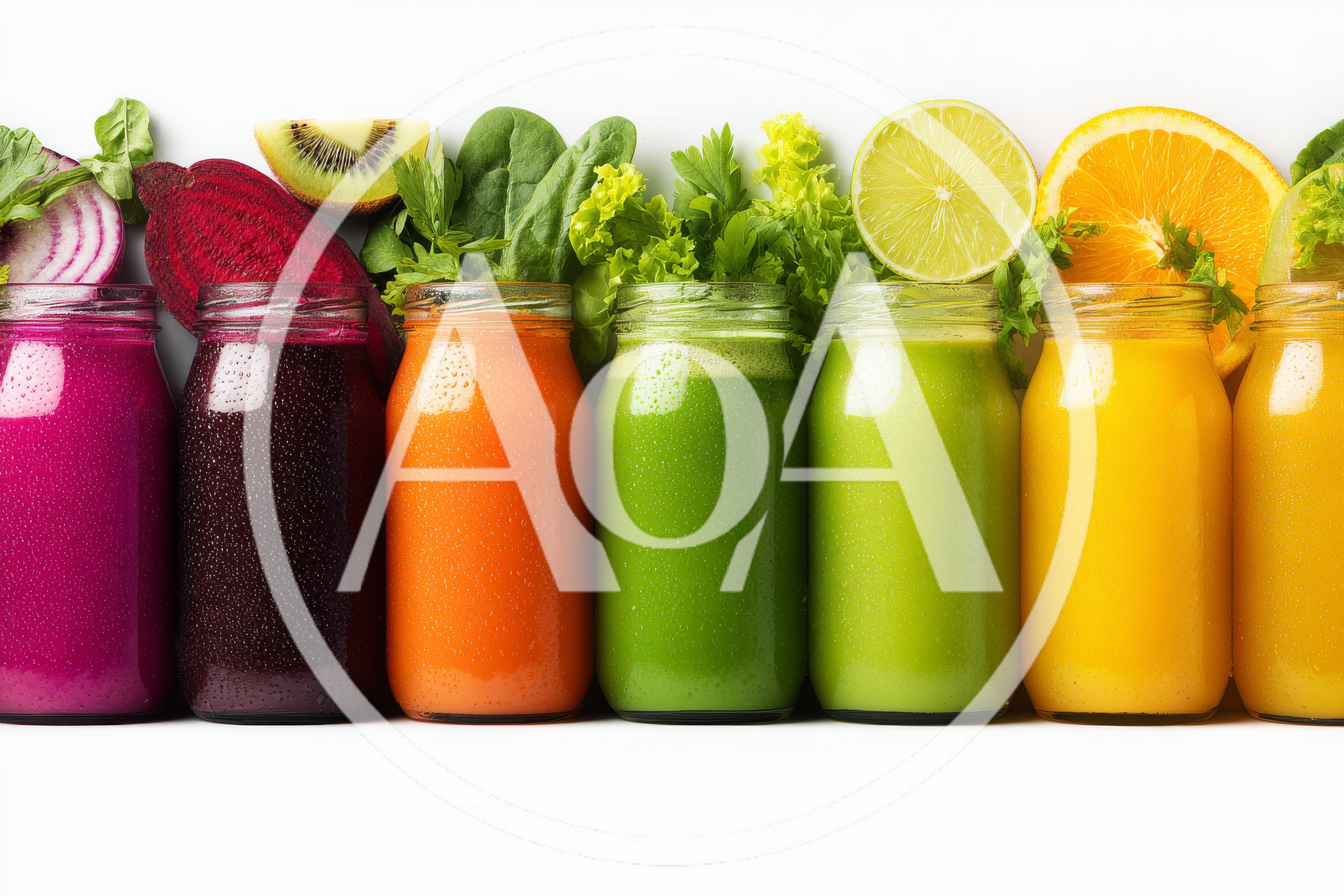 Row Of Colorful Fresh Vegetable And Fruit Juices