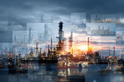 Industrial Oil Refinery Complex At Sunset